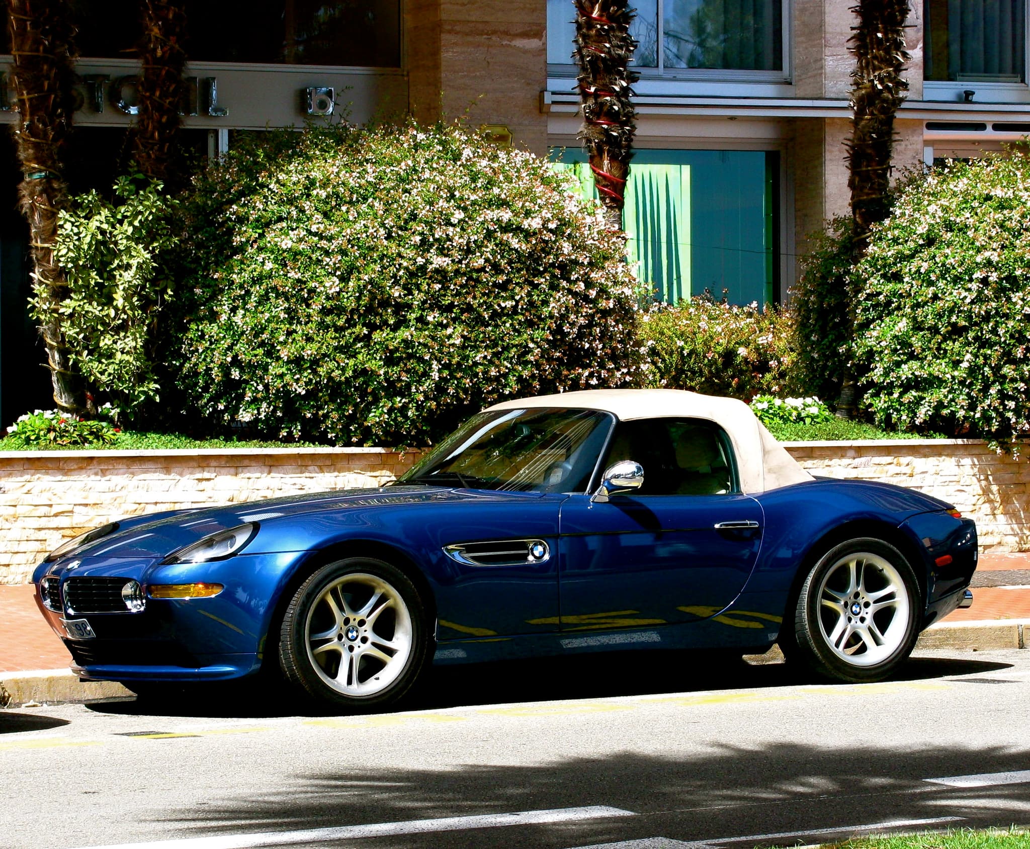 A blue BMW Z8 roadster with a cream hood raised, parked in profile by a kerb in front of flowering shrubs.